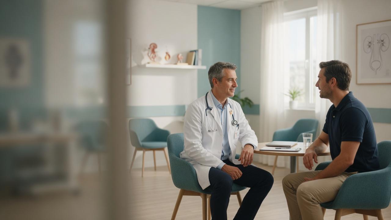 Male urologist speaking with a patient during a one-on-one office consultation