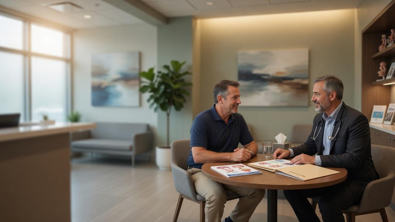 Male urologist reviewing educational materials with a patient in a consultation room
