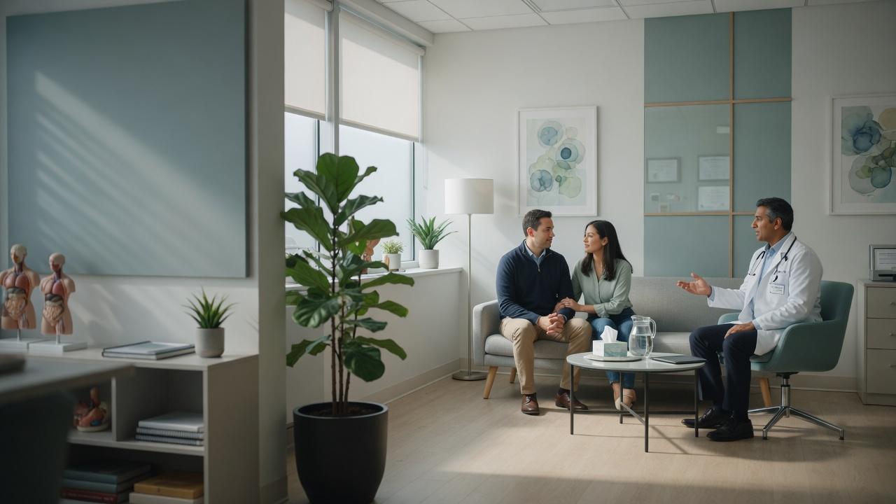 Male urologist consulting with a couple in a modern medical office